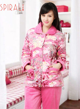 SPIRAL/司派罗短毛绒夹棉加厚女睡衣套冬季新品夹棉家居服
