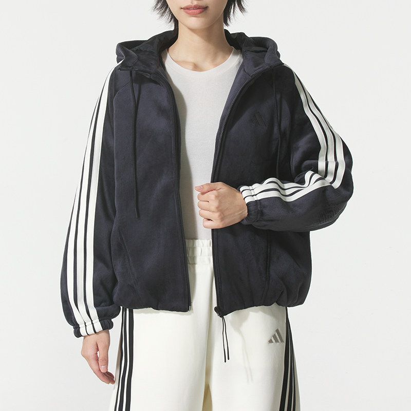 正品Adidas阿迪达斯女连帽加绒保暖针织运动休闲夹克外套KB7606