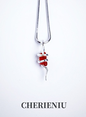 新款999纯银手作蛇年缠绕红宝石手工项链