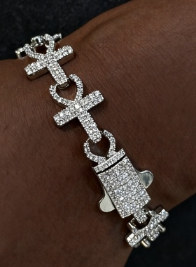 CHERIENIU满钻安卡十字架嘻哈说唱欧美小众黑皮手链