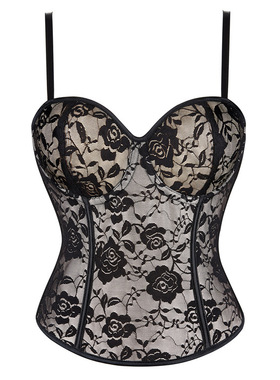 黑色吊带蕾丝网纱性感修身鱼骨绑带束腰露背塑身上衣