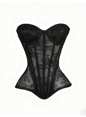 法式优雅鱼骨蕾丝黑色上衣修身一字领抹胸绑带束腰上衣