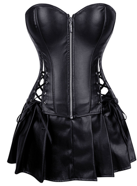 束身衣黑色抹胸拉链皮质塑身上衣裙子塑身衣收腹设系带腰封套装