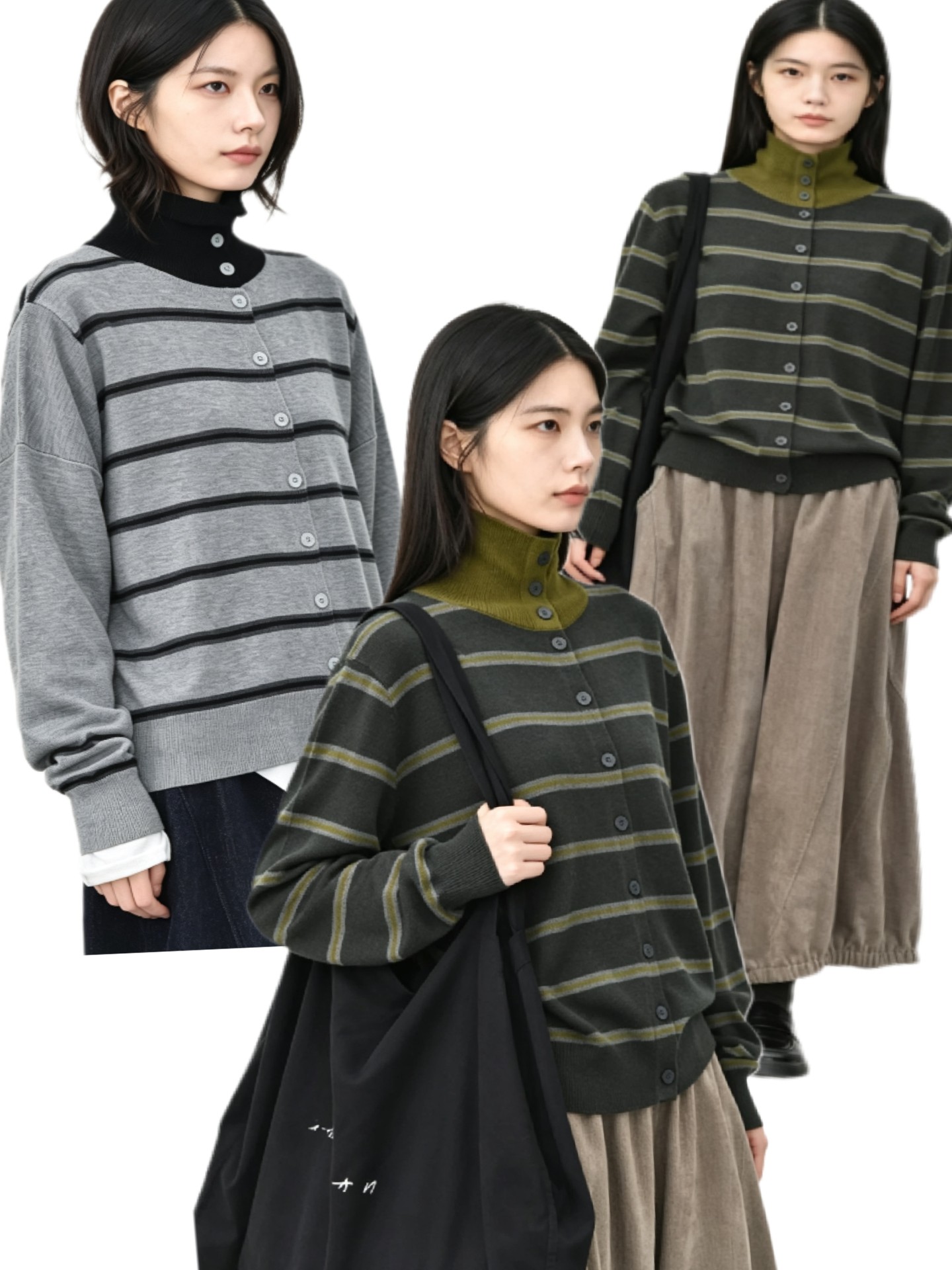 文艺复古撞色立领条纹针织开衫女秋冬个性松弛感高领毛衣外套上衣