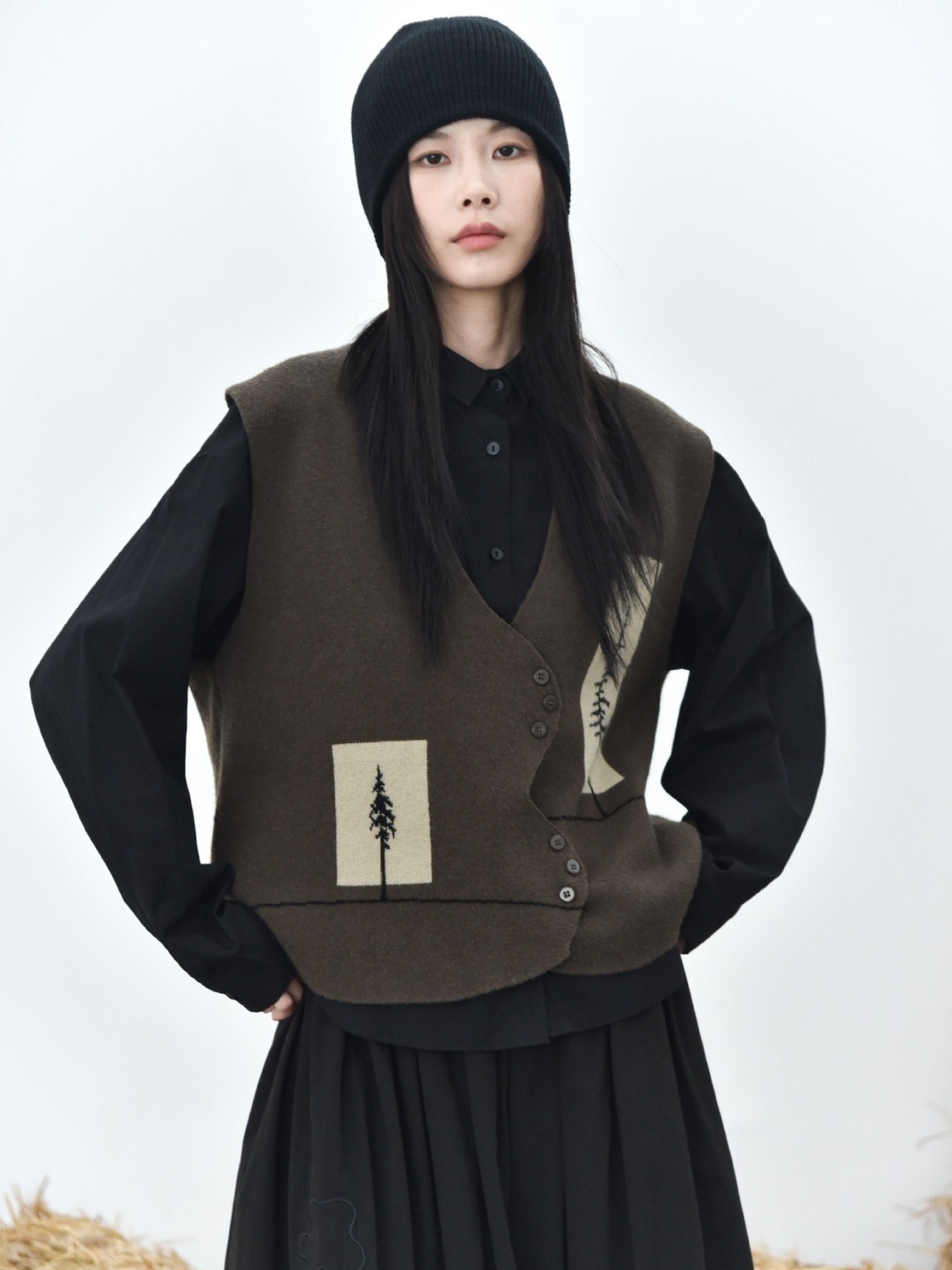 童颜阁秋冬氛围感叠穿针织背心撞色植物提花V领马夹极简毛衣马甲