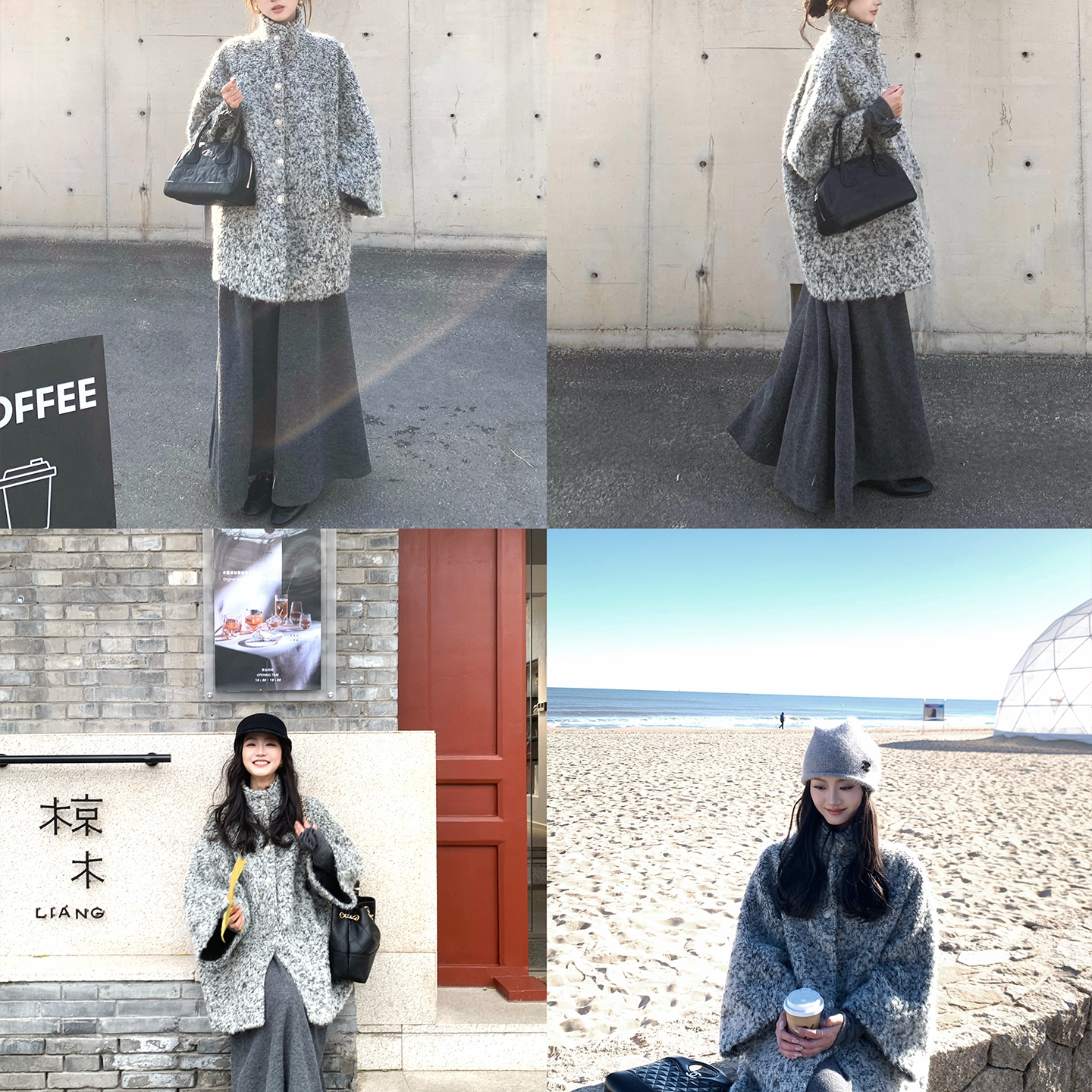 2025冬季中长款气质大衣千金风高领斗篷雪花灰色茧型宽松毛呢外套