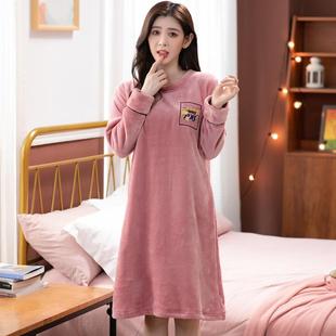 法兰绒睡裙女款秋冬季女士高级感加厚珊瑚绒冬天中长款睡衣家居服