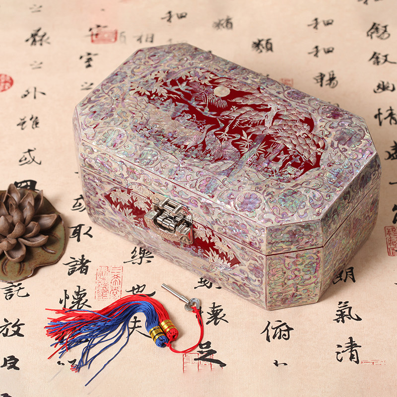 [新款]螺钿漆器宫廷复古珠宝盒贝雕首饰盒木质首饰盒
