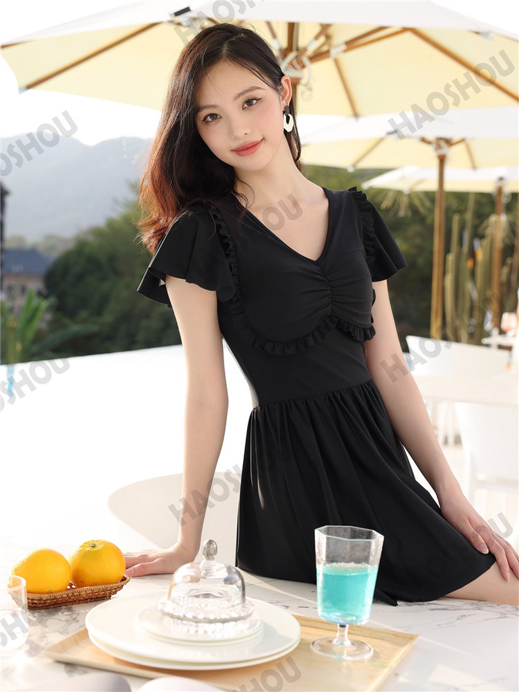 短袖连体裙号手泳衣女纯色泡温泉