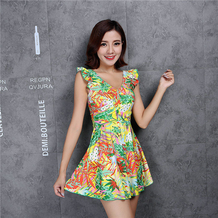 专柜号手品牌泳衣女花边袖钢托聚胸V领显瘦裙式连体平角裤加大码