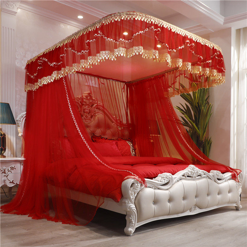大红色欧式宫廷u型导轨蚊帐加厚落地结婚床帐1.8m2米防蚊罩帐纱网