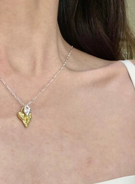 Kimzistudio同款金银撞色爱心项链小众设计复古手工纹理长毛衣链