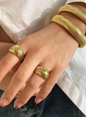 Hankes&Maray法国小众设计复古雕刻花纹时髦戒指金色vintage指环