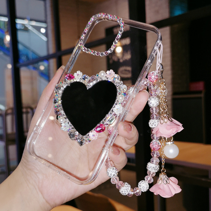 oppoReno16奢华带钻手机壳reno15pro网红补妆镜子find X9ultra高档水晶14日韩闪耀x8S女款reno13爱心X7带手链
