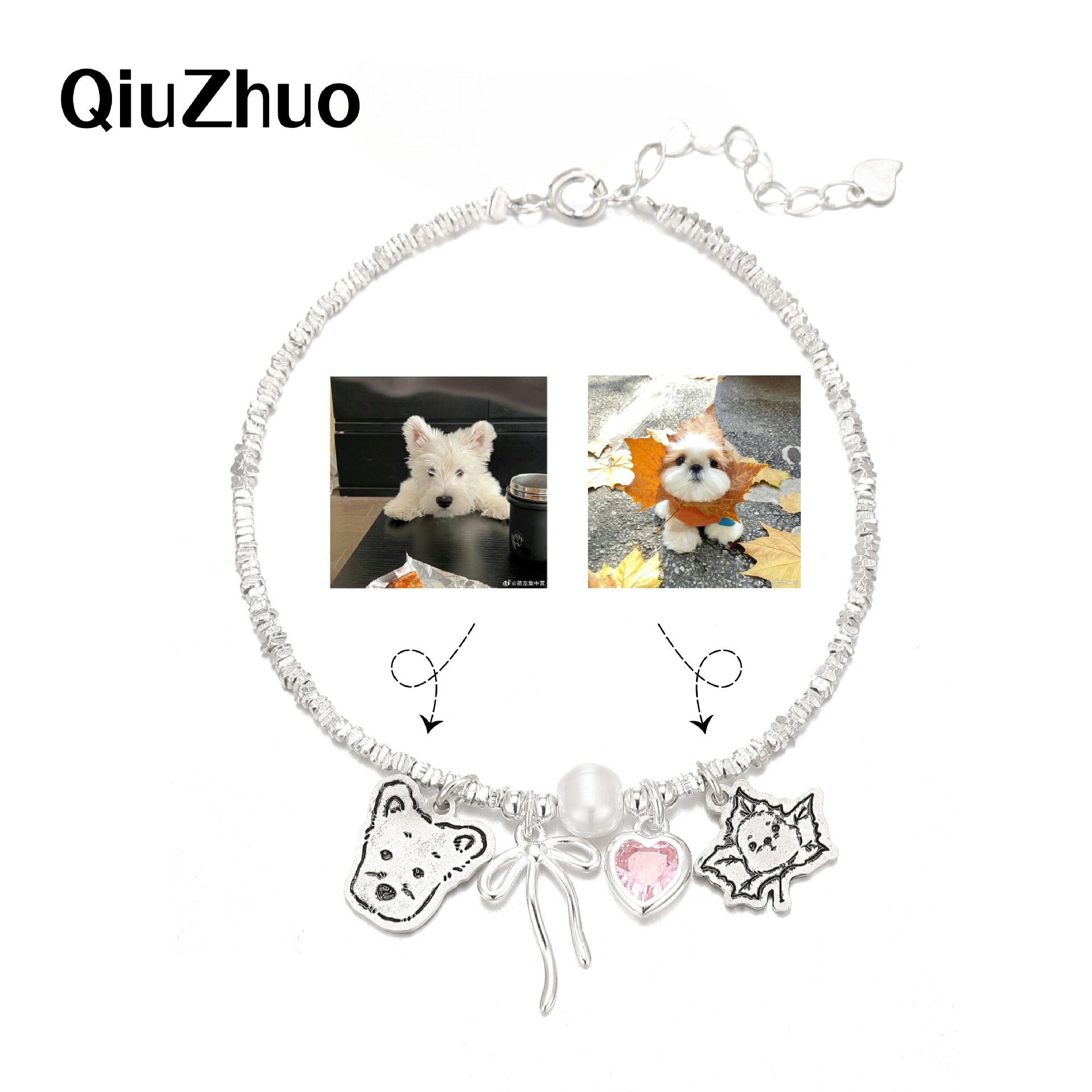 纯银蝴蝶结爱心手链搭配纯银宠物手链狗狗头像diy小猫咪照片吊坠
