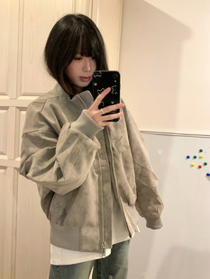 美式复古扎染pu皮衣棉服男女冬季加厚保暖立领防寒飞行员棉衣外套