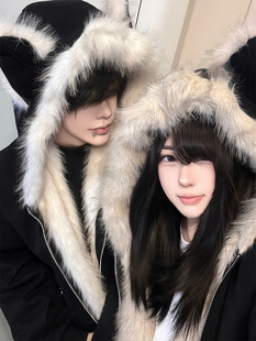 美式复古座山雕毛绒领连帽棉服男女冬季短款猫耳朵设计感棉衣外套