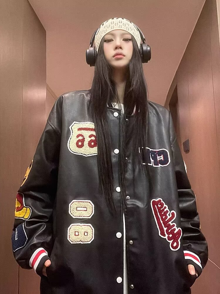 美式复古刺绣皮衣夹克男女春秋