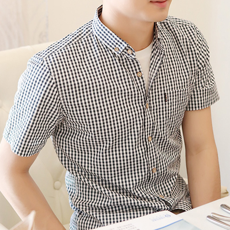 春夏格子衬衫男短袖小格子衬衣青少年休闲薄款韩版修身帅气格子衫