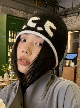 韩国小众RR冷帽女新款字母针织毛线帽个性秋冬保暖包头帽子情侣男