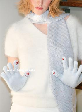 郑佰万 含羊毛简约针织露两指手套女冬季防寒爱心可触屏情侣手套