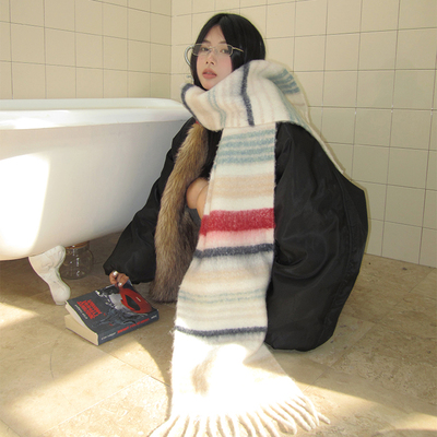 郑佰万~复古条纹羊毛大围巾女