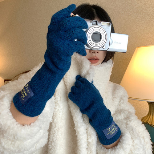 蓝色针织手套女秋冬保暖防风