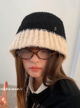 郑佰万 慵懒拼色毛绒针织渔夫帽子女秋冬保暖护耳时尚高级感盆帽