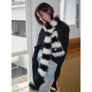 郑佰万 经典重温  黑白条纹毛绒围巾y2k辣妹软糯百搭围脖出片装饰