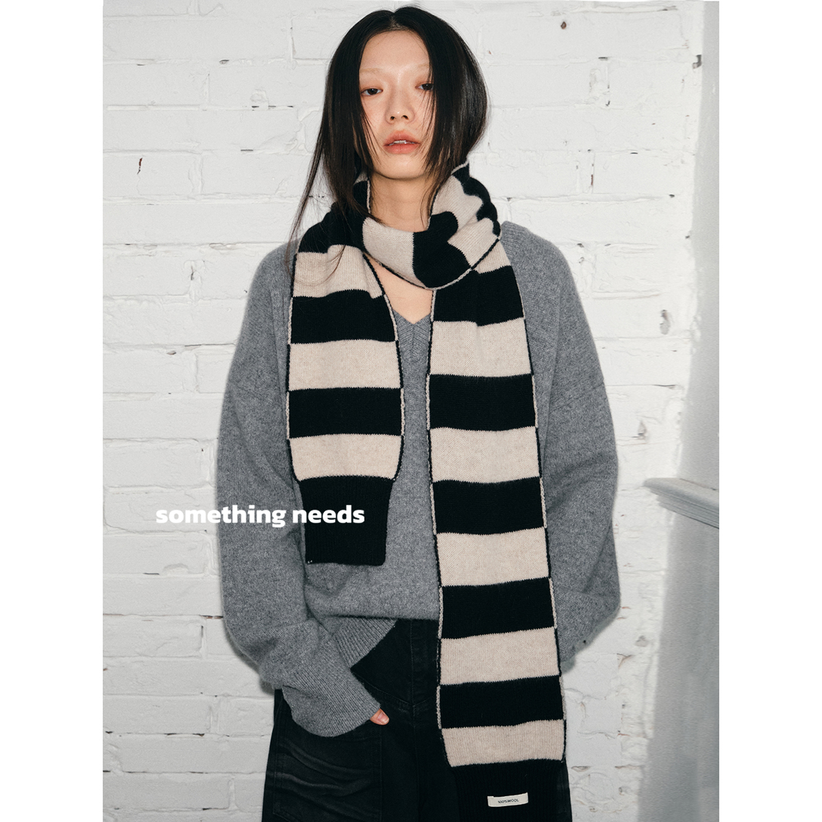 经典黑白条纹100%纯羊毛围巾女