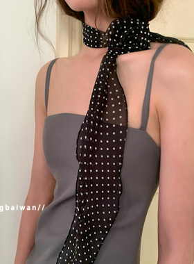 郑佰万 长条波点丝巾女春夏新款百搭玫瑰花围脖飘带细窄高级感潮