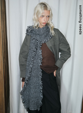 郑佰万 时尚设计师款黑白围巾毛边拉风潮流宽版围脖保暖御寒披肩