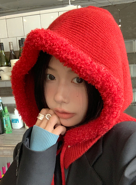 小女巫帽~韩国毛绒雷锋帽女秋冬保暖可爱小红帽系带滑雪护耳帽潮