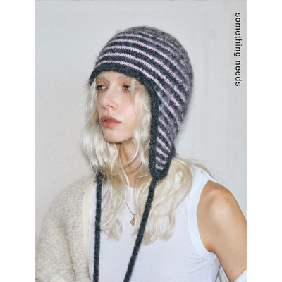 小众款针织条纹带绳护耳帽保暖