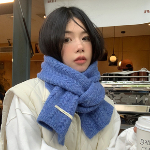日系简约麻花羊毛针织毛线围巾女秋冬季 潮 学生保暖百搭围脖情侣款