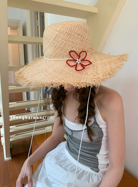 郑佰万 沙滩防晒草帽女防紫外线夏季防晒拉菲草度假海边太阳帽潮