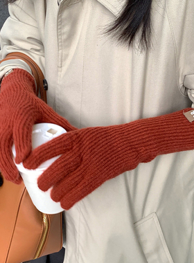 针织手套女秋冬保暖毛线骑行防寒可触屏五指加厚防风学生红色手套