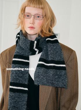 郑佰万 英伦学院风条纹针织围巾女冬季保暖百搭黑灰围脖软糯护颈