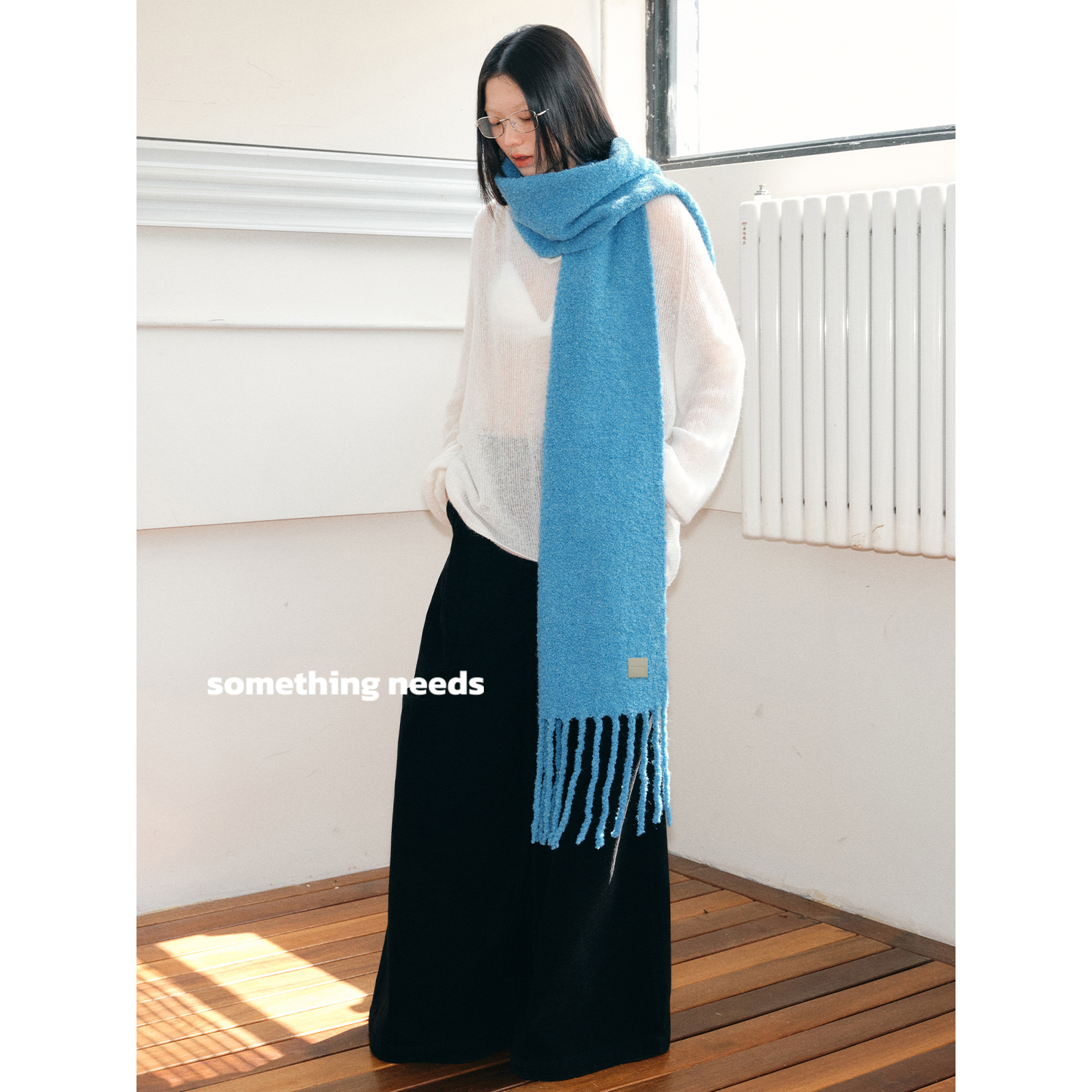 羊毛纯色长款围巾女冬季