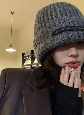 郑佰万 UNI懒人秋冬针织帽女克莱因蓝显白巨显脸小毛线帽保暖百搭