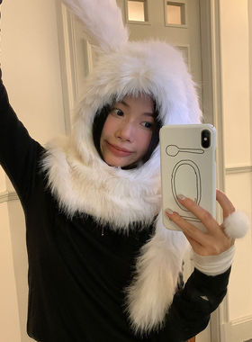 邦尼兔~暖呼呼可爱长耳朵兔子毛绒帽女冬季保暖环保毛护耳套头帽