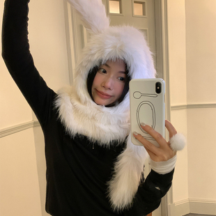 邦尼兔~暖呼呼可爱长耳朵兔子毛绒帽女冬季保暖环保毛护耳套头帽