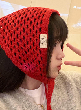 小红帽~针织头巾女韩版透气春秋时尚文艺百搭包头三角巾镂空可爱