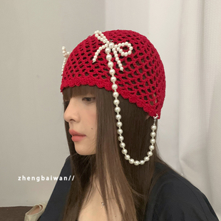 高品质珍珠手工蝴蝶结包头帽子棉线镂空针织帽女时髦 韩国设计款