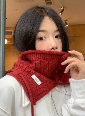 韩国ins菱格花纹纽扣红色保暖针织脖套女秋冬毛线围脖高领仿羊绒
