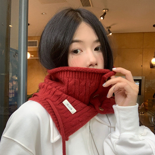 韩国ins菱格花纹纽扣红色保暖针织脖套女秋冬毛线围脖高领仿羊绒