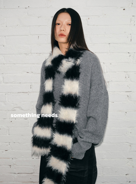 郑佰万 个性时髦黑白条纹围脖y2k毛绒绒保暖防寒围巾女百搭出片潮