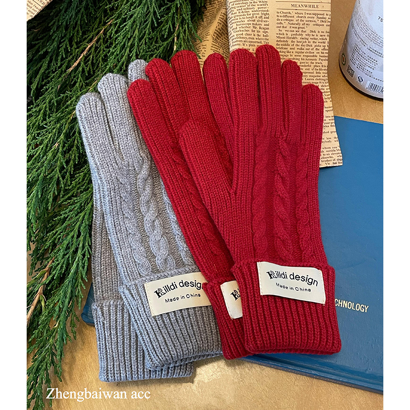 郑佰万~麻花针织手套女露指可触屏冬季保暖学生骑行毛线手套情侣