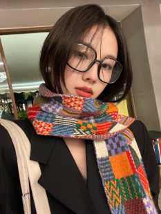 韩版 2025新款 仿羊绒软糯围脖百搭潮 复古格子围巾女冬季 彩虹围巾