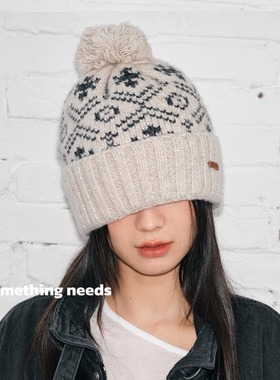 郑佰万 2025冬季新款提花毛线帽加厚保暖费尔岛风针织冷帽毛球潮